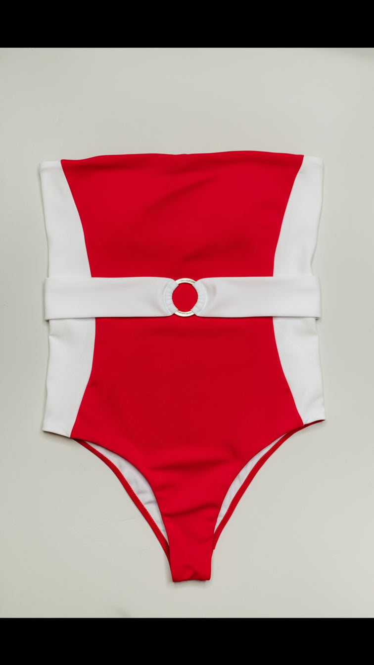 Bella Cintura two-piece bikini in red with white, front flatlay view – Bikini Uni