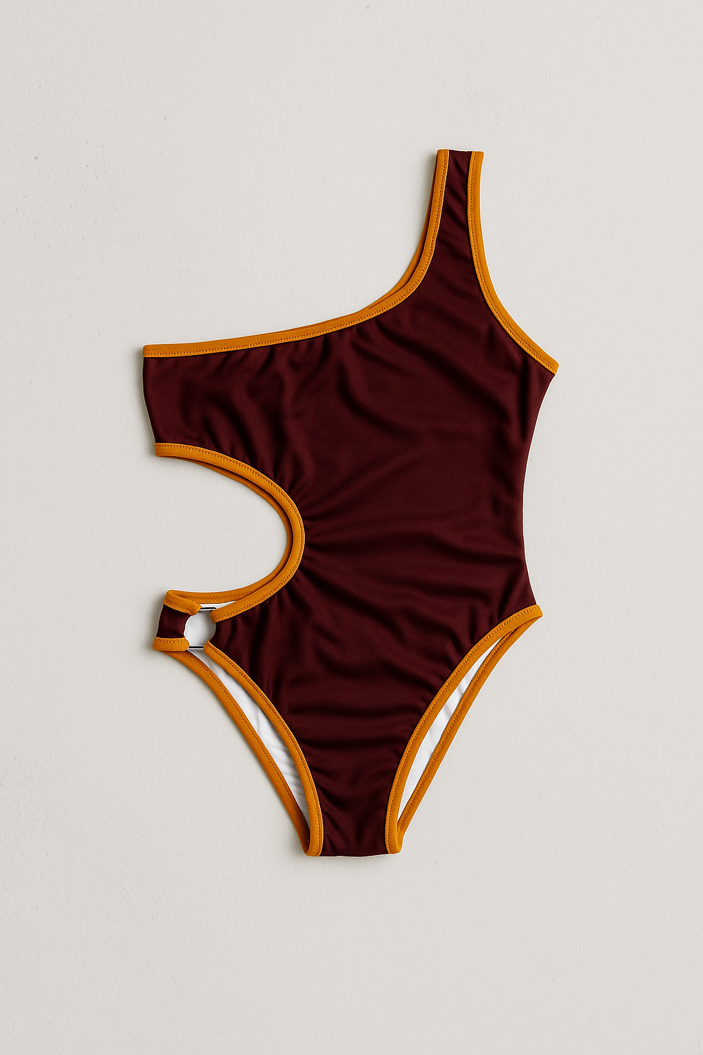 Boomerang one-piece swimsuit in maroon with gold, front view – Bikini Uni