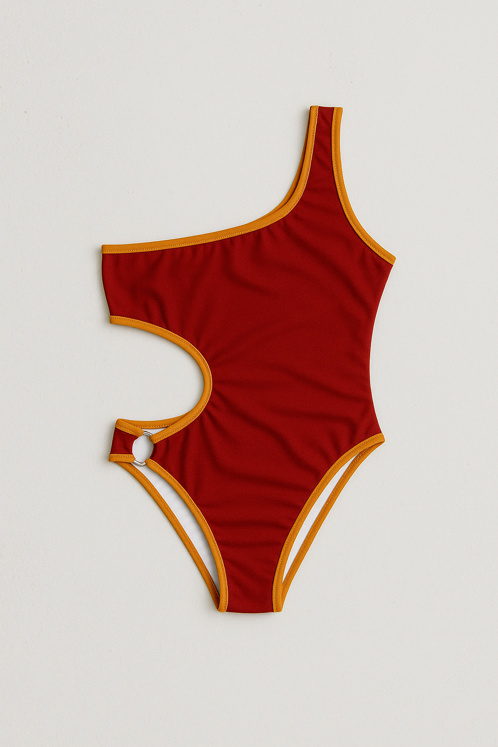 Boomerang one-piece swimsuit in red with gold, front view – Bikini Uni