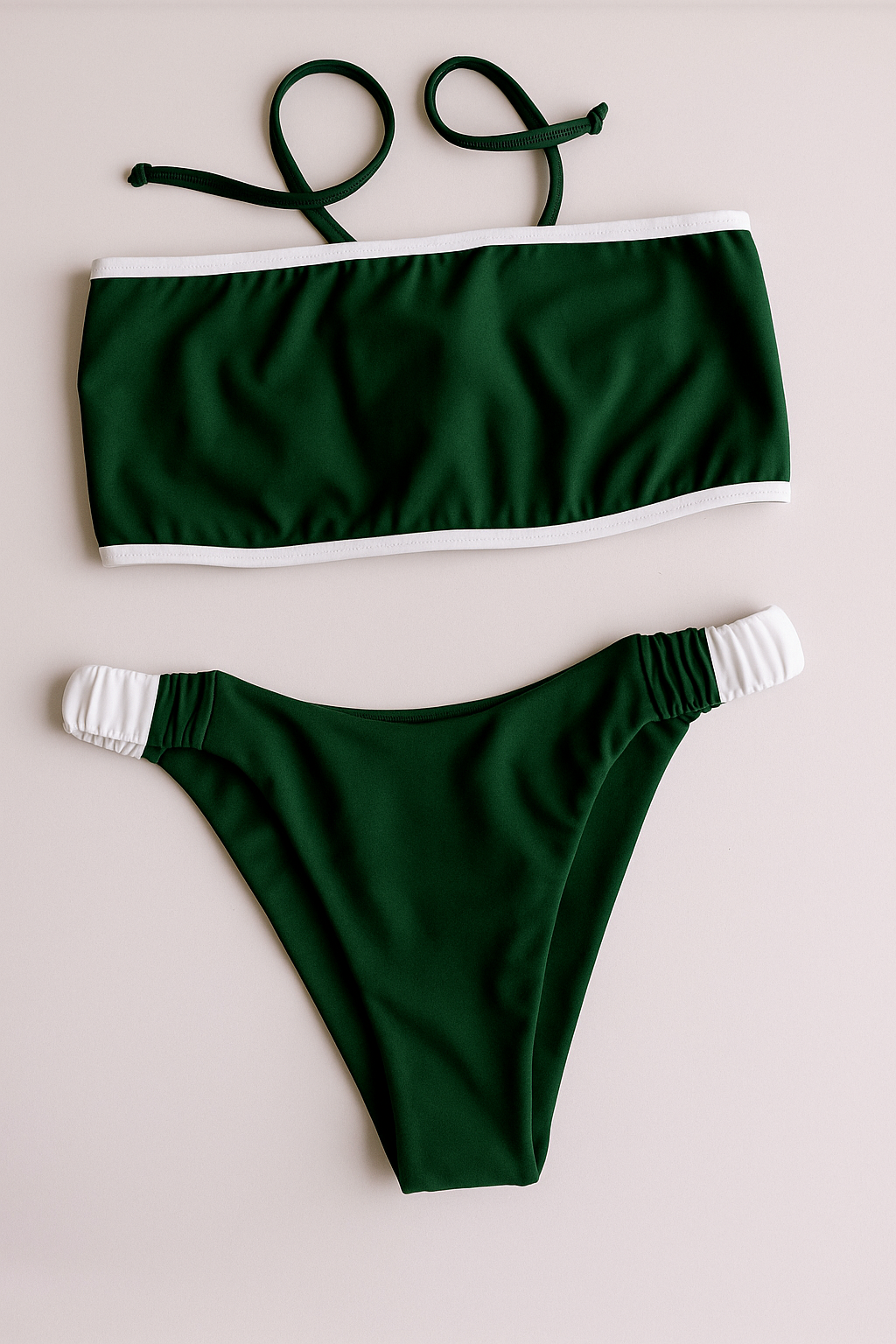 Dos Tierras two-piece bikini in dark green with white, front flatlay view – Bikini Uni