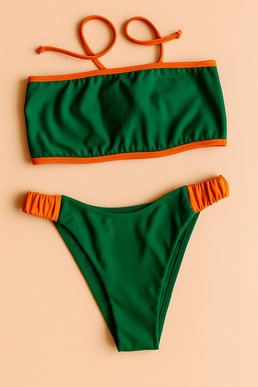 Dos Tierras two-piece bikini in green with orange, front flatlay view – Bikini Uni
