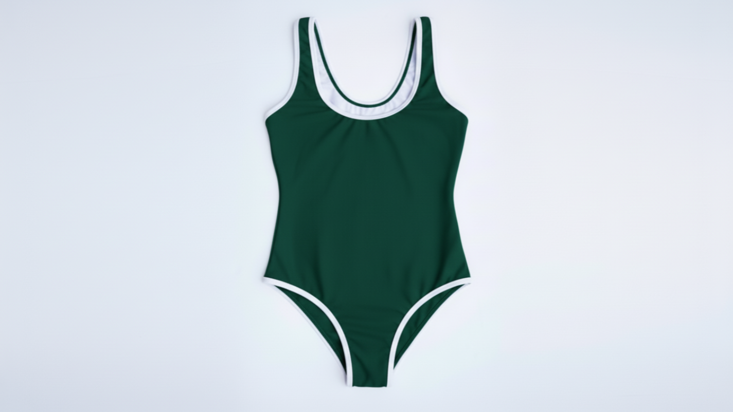 La Tradicional bikini in dark green with white trim, front flatlay view – Bikini Uni