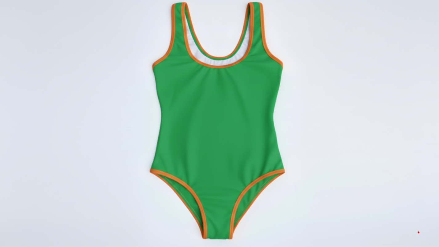 La Tradicional bikini in green with orange trim, front flatlay view – Bikini Uni