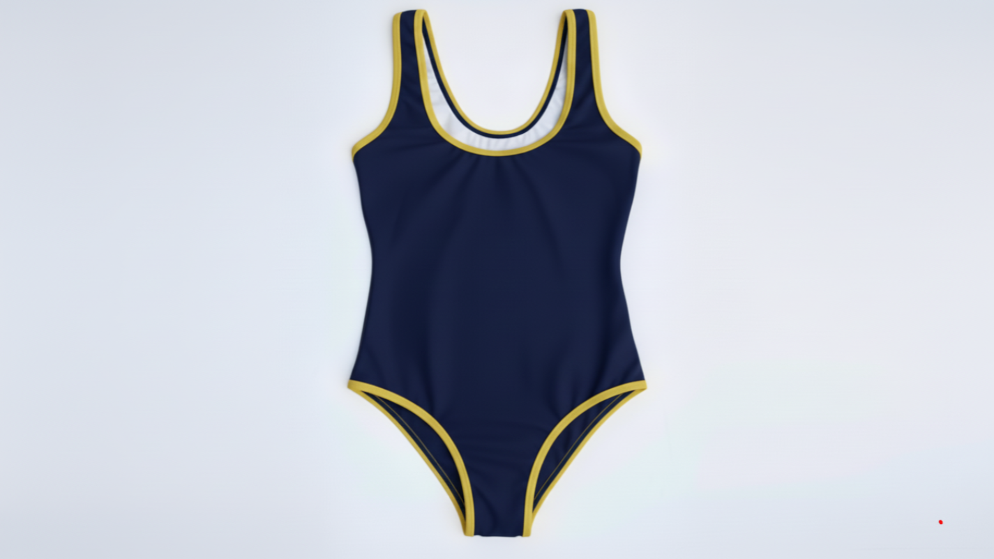 La Tradicional bikini in navy blue with gold trim, front flatlay view – Bikini Uni