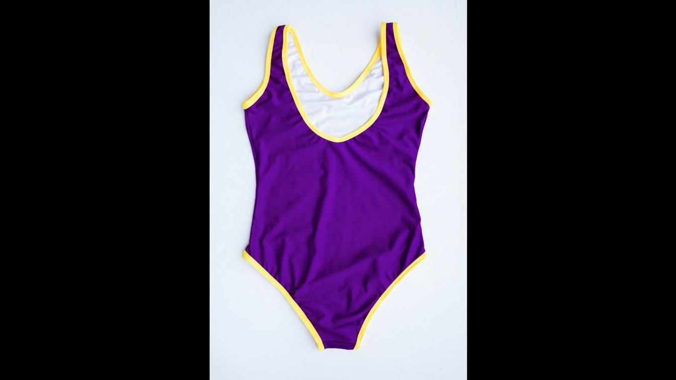 La Tradicional bikini in purple with gold trim, front flatlay view – Bikini Uni