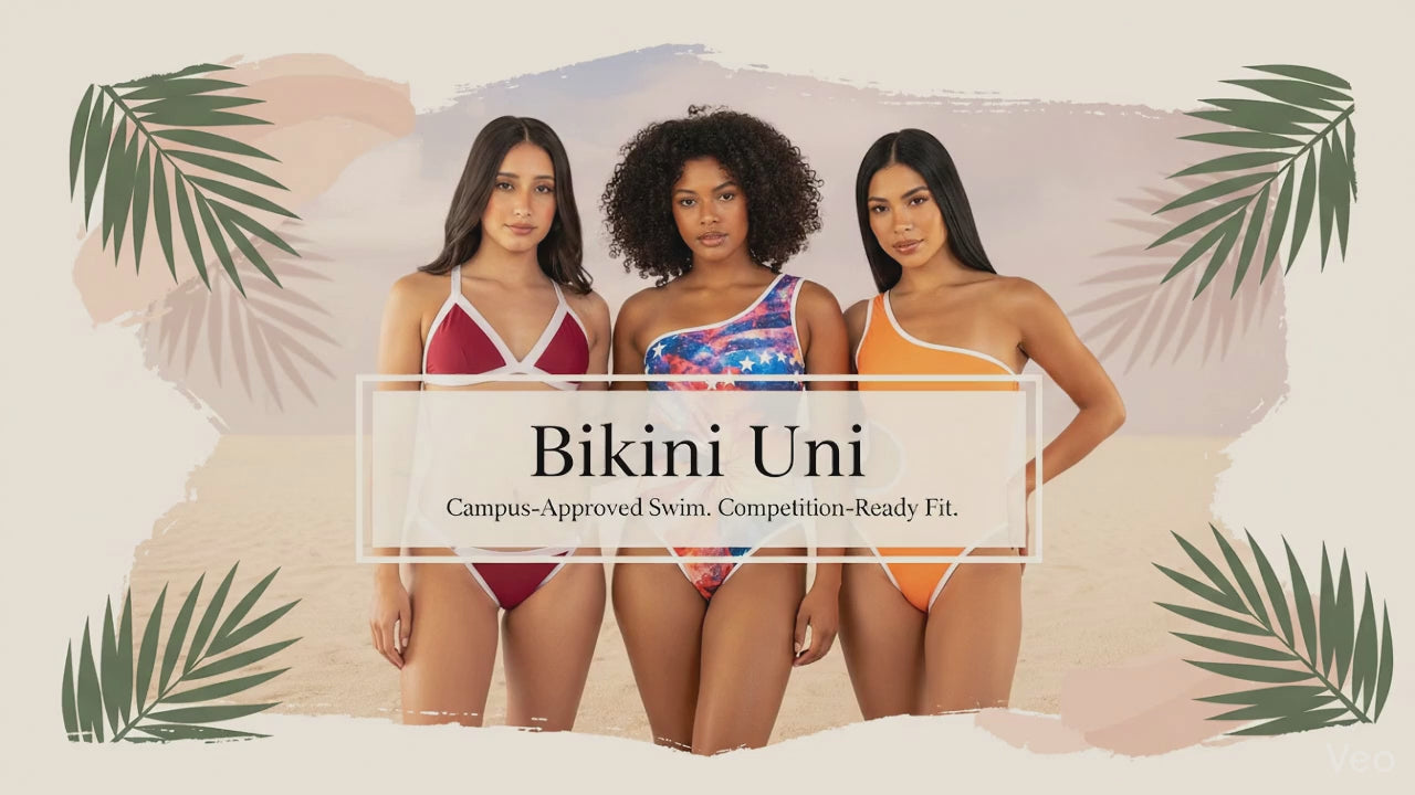 Load video: Models wearing Bikini Uni swimwear at the beach.