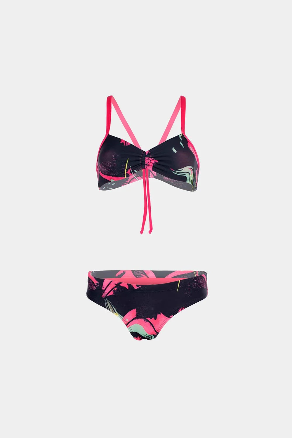 Women's sport bikini in black and pink floral print, front flatlay view – Bikini Uni
