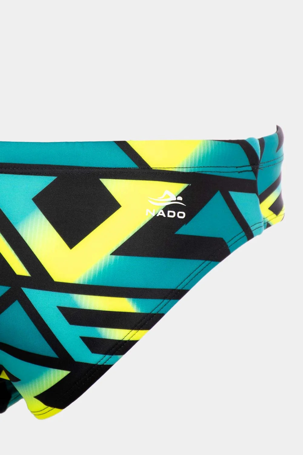 Women's sport bikini bottom in teal and yellow geometric, close-up view – Bikini Uni