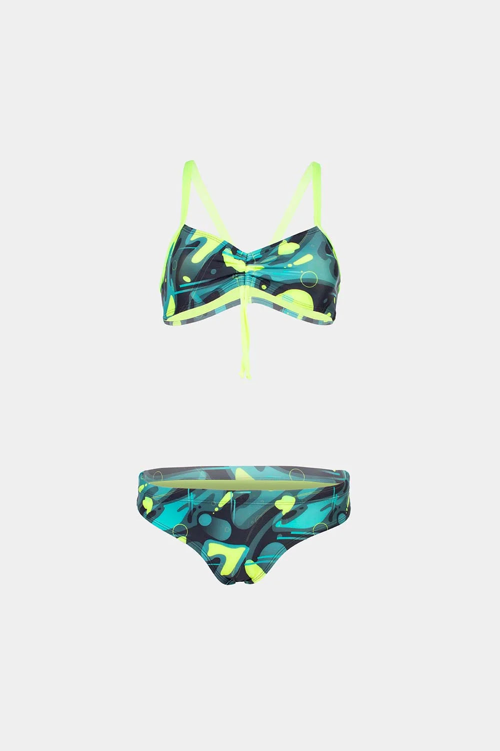 Women's sport bikini in green and blue abstract with neon yellow, flatlay – Bikini Uni