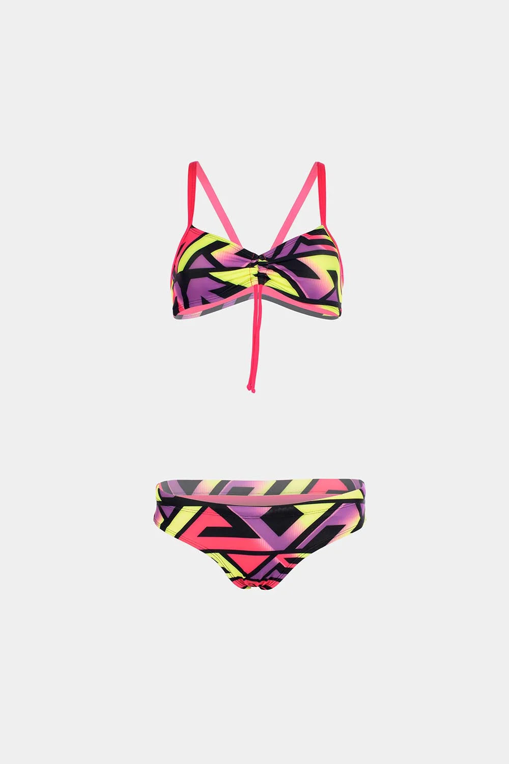Women's sport bikini in neon pink and yellow geometric print, flatlay – Bikini Uni