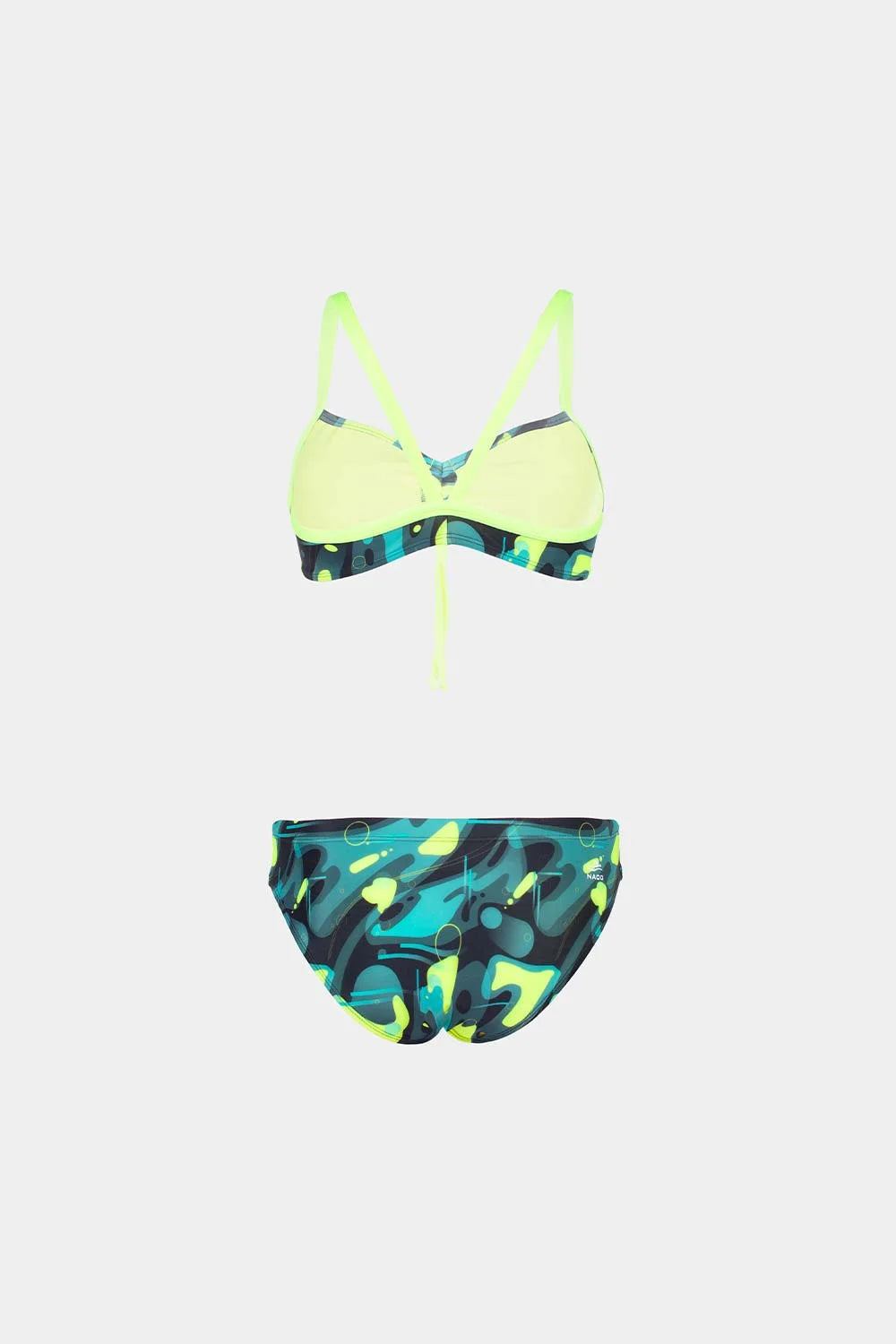 Women's sport bikini in neon yellow with teal abstract bottom, flatlay – Bikini Uni