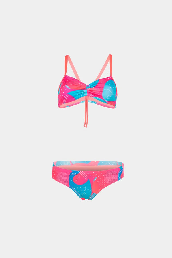 Women's sport bikini in pink and blue abstract print, front flatlay view – Bikini Uni