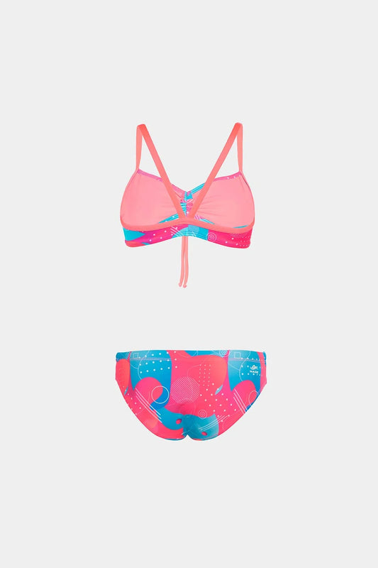 Women's sport bikini in pink with blue accents, front flatlay view – Bikini Uni