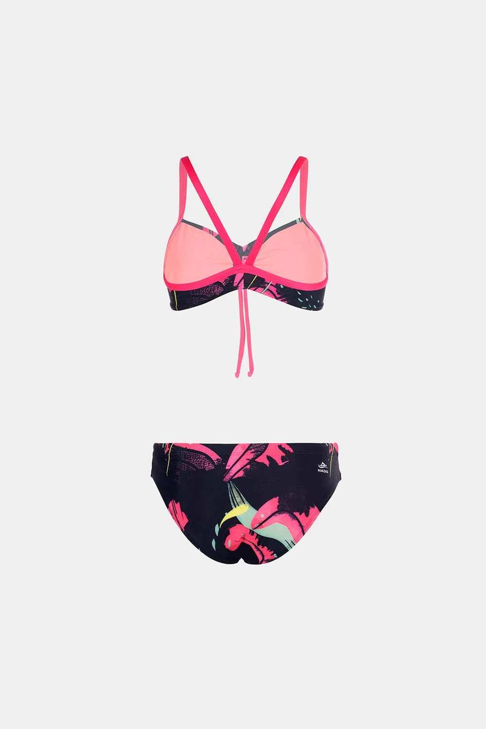 Women's sport bikini in pink with dark floral bottom, front flatlay – Bikini Uni