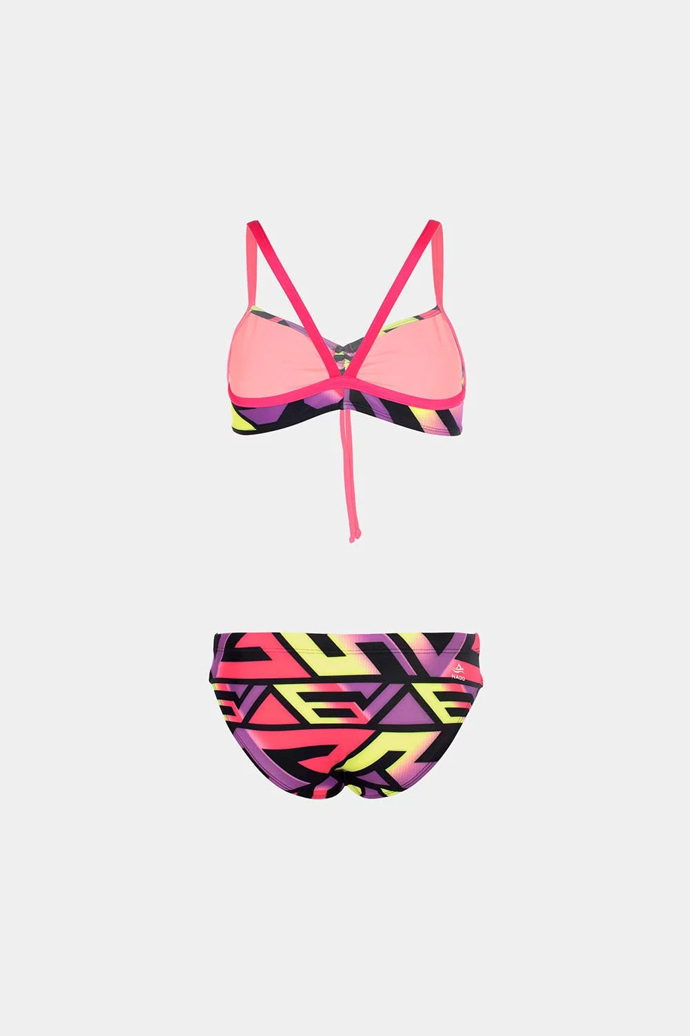 Women's sport bikini in pink with geometric print bottom, front flatlay – Bikini Uni