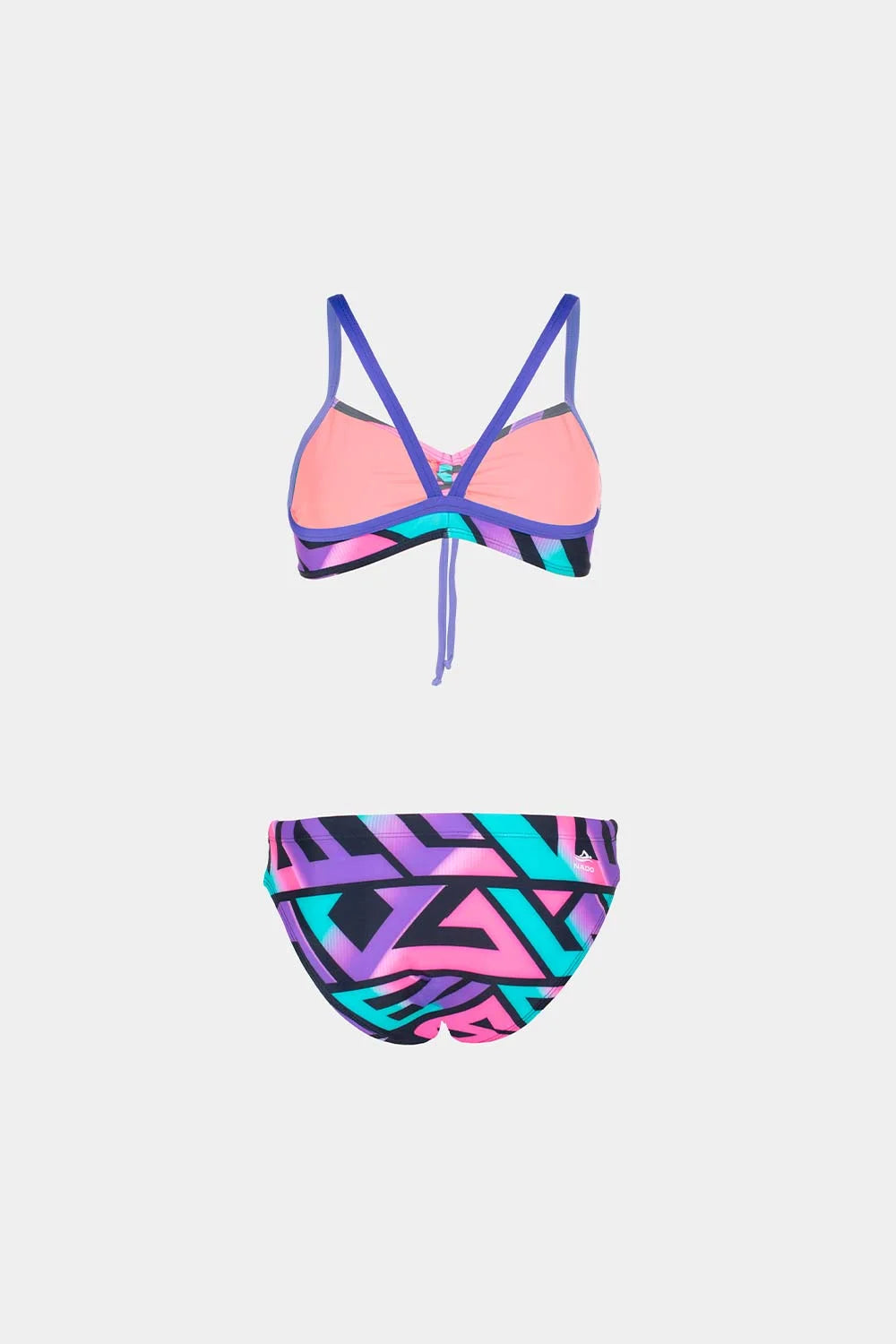 Women's sport bikini in pink with purple geometric bottom, front flatlay – Bikini Uni