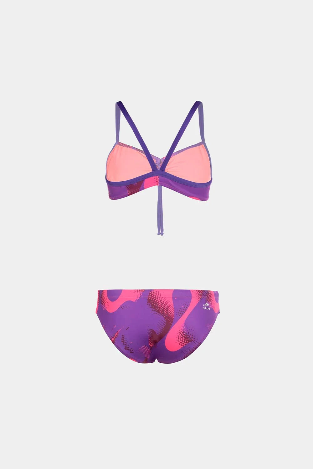 Women's sport bikini in pink with purple straps and print bottom, flatlay – Bikini Uni
