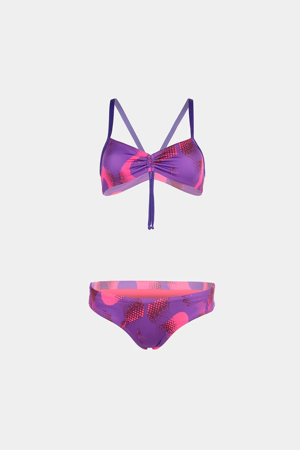 Women's sport bikini in purple and pink print, front flatlay view – Bikini Uni
