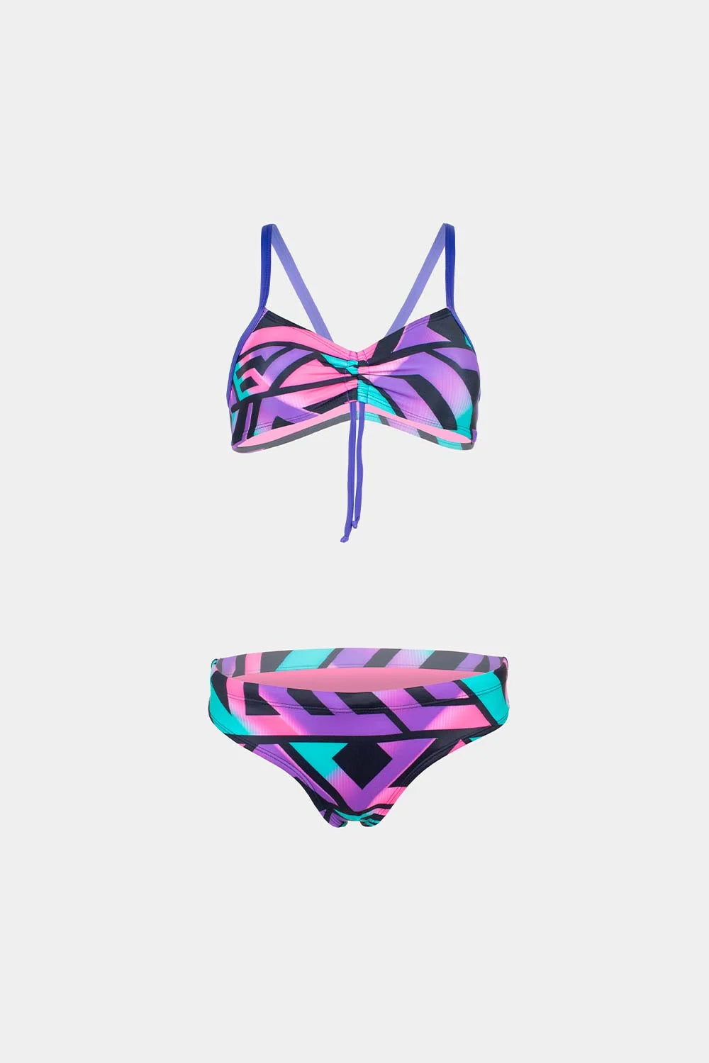 Women's sport bikini in purple and teal geometric print, front flatlay – Bikini Uni