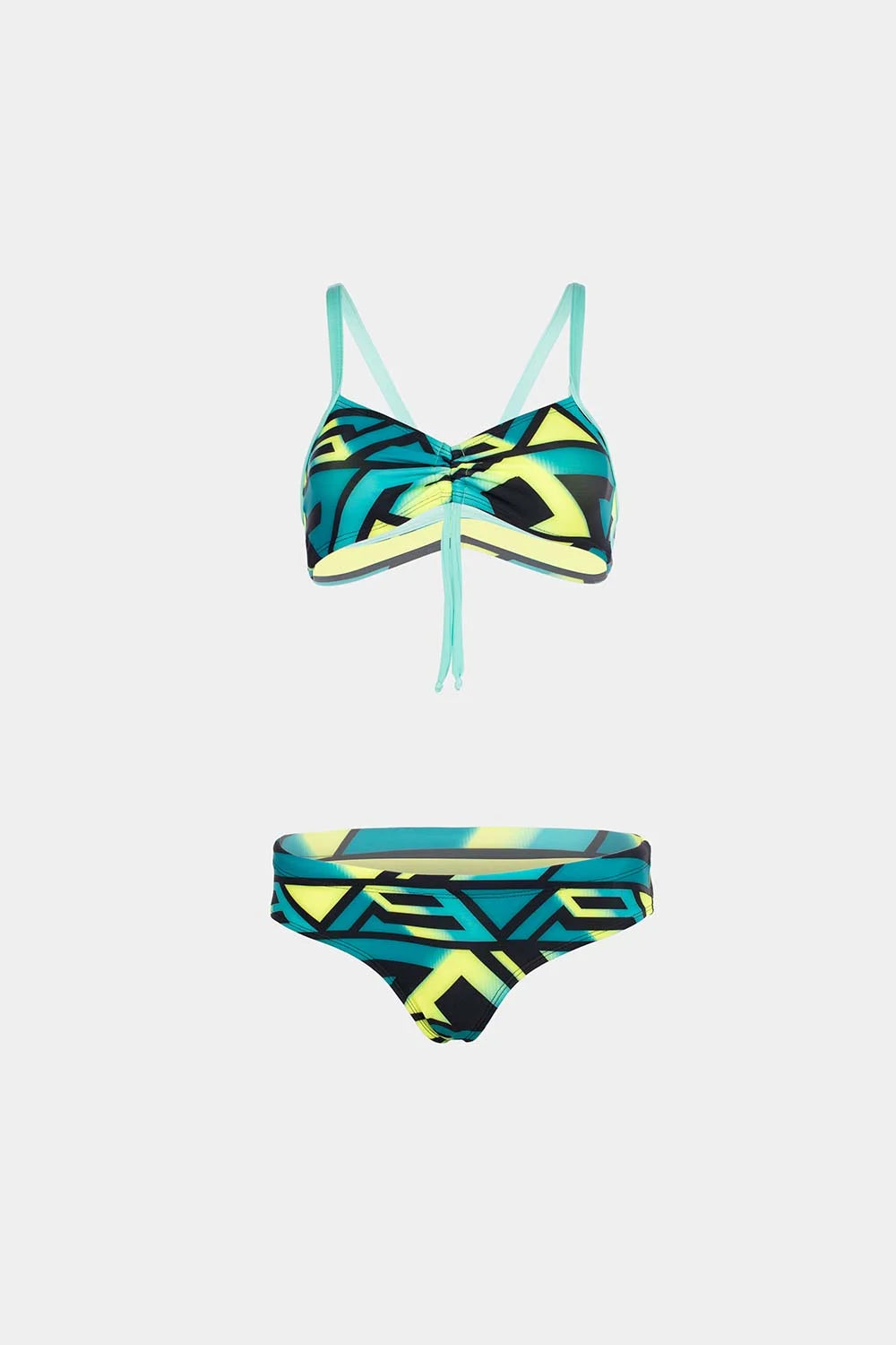 Women's sport bikini in teal and yellow geometric print, front flatlay – Bikini Uni