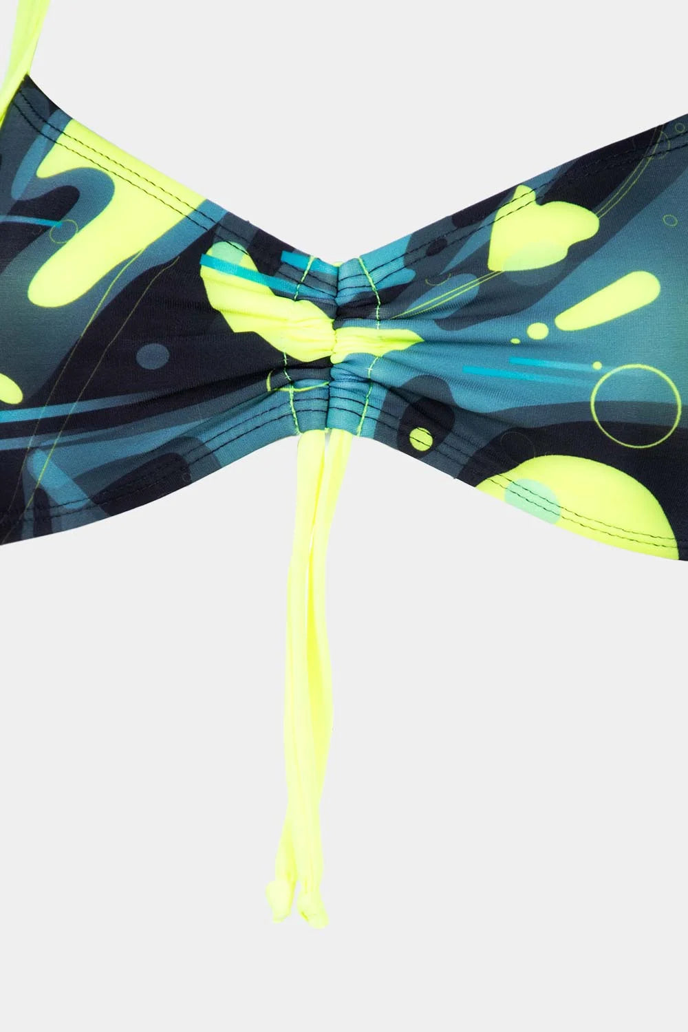 Women's sport bikini top in blue and neon yellow abstract, close-up – Bikini Uni