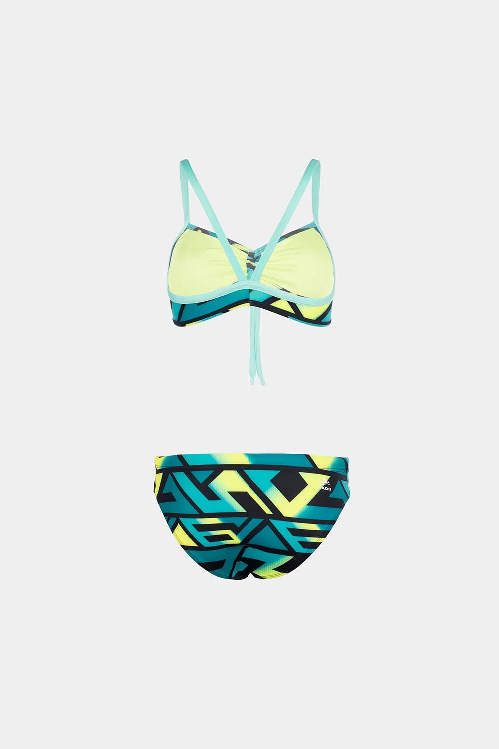Women's sport bikini in yellow with teal geometric bottom, front flatlay – Bikini Uni