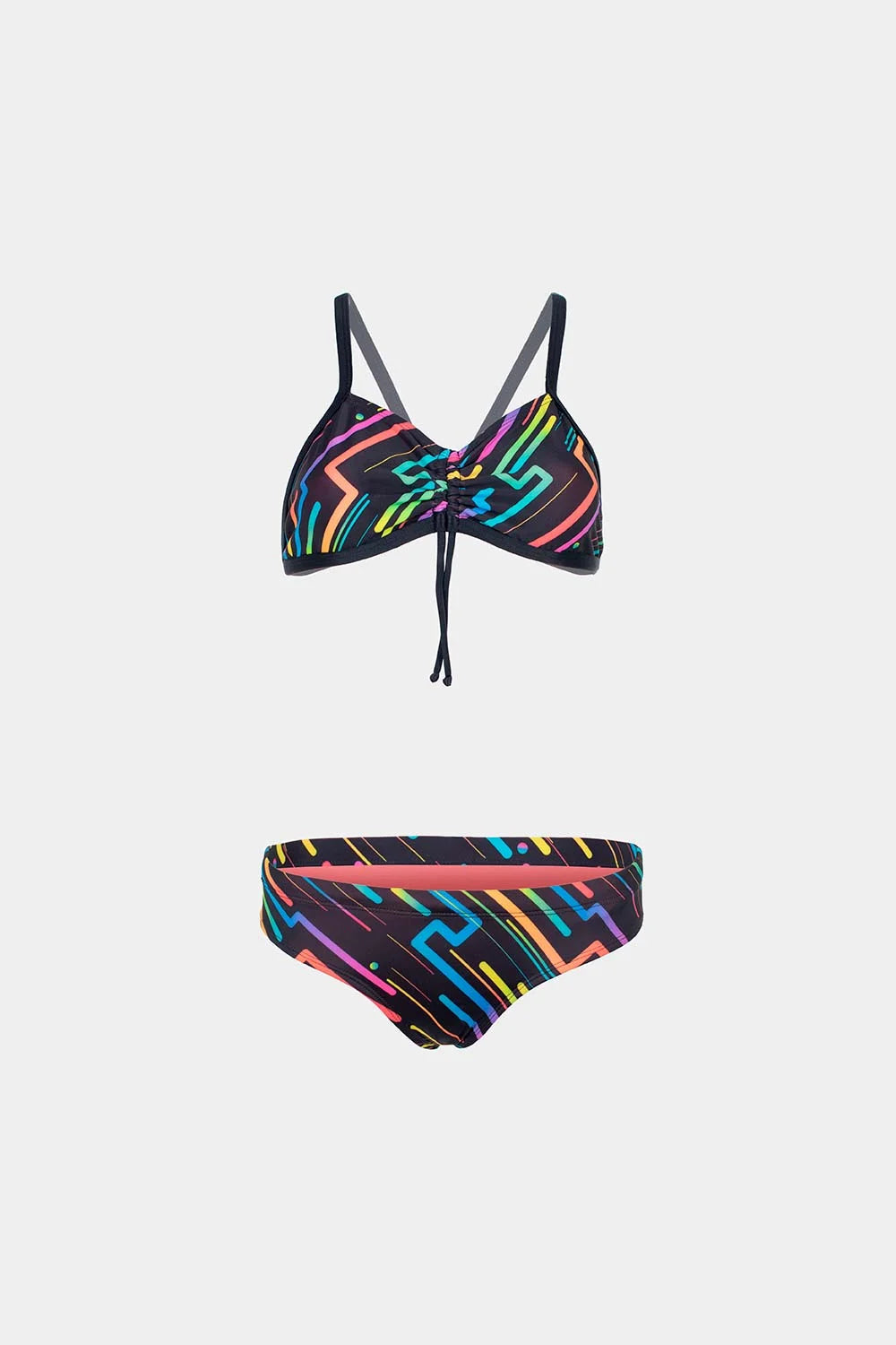 Women's strappy bikini in black with neon multicolor print, front flatlay – Bikini Uni