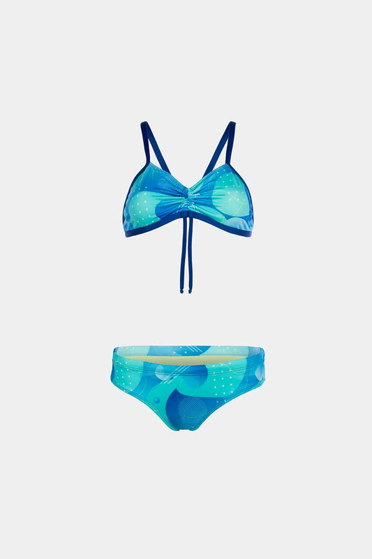 Women's strappy bikini in blue abstract print, front flatlay view – Bikini Uni