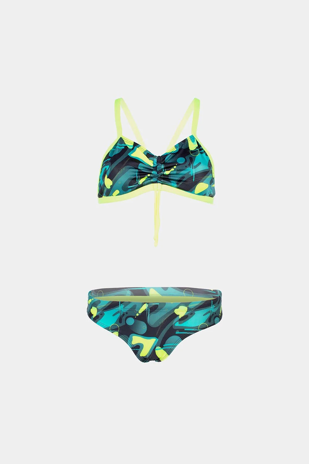 Women's strappy bikini in green and yellow abstract print, front flatlay – Bikini Uni