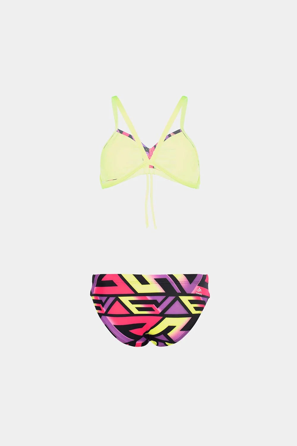 Women's strappy bikini in neon yellow with geometric bottom, flatlay view – Bikini Uni
