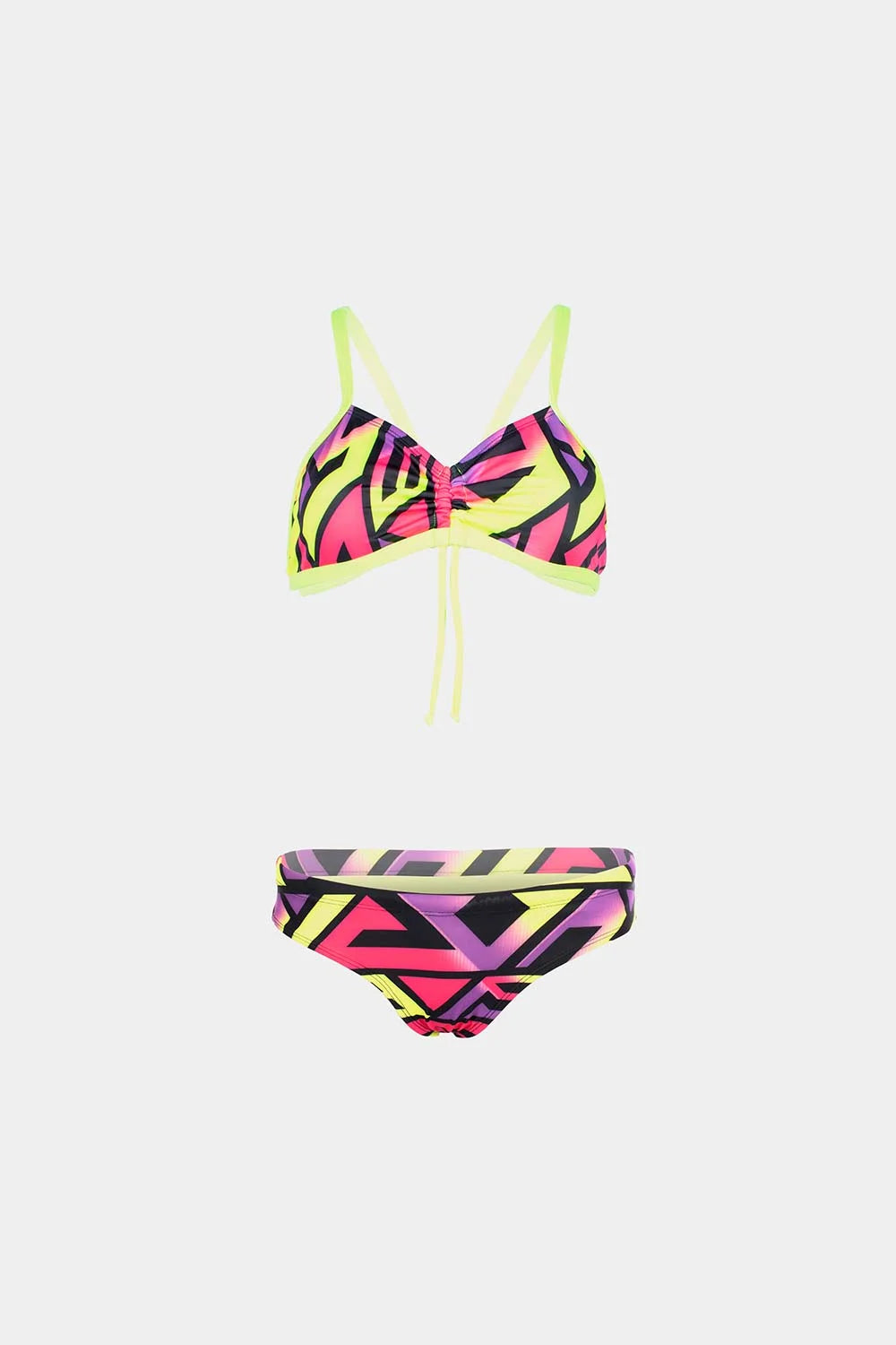 Women's strappy bikini in neon yellow and pink geometric print, flatlay – Bikini Uni