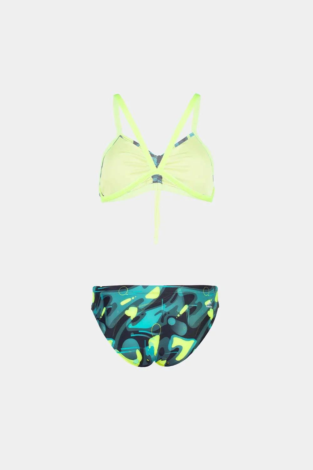 Women's strappy bikini in neon yellow with teal abstract bottom, flatlay – Bikini Uni