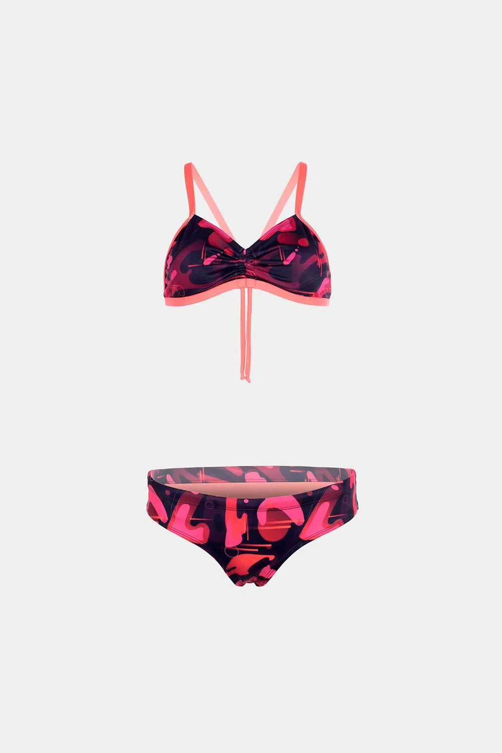 Women's strappy bikini in pink and black floral print, front flatlay – Bikini Uni
