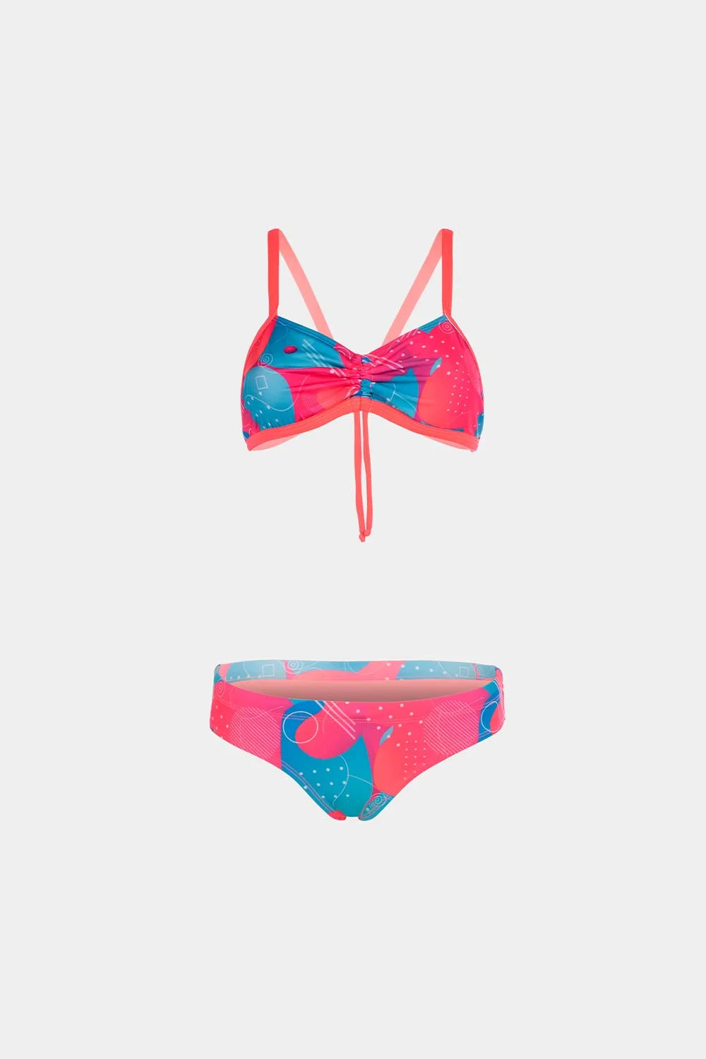 Women's strappy bikini in pink and blue print, front flatlay view – Bikini Uni