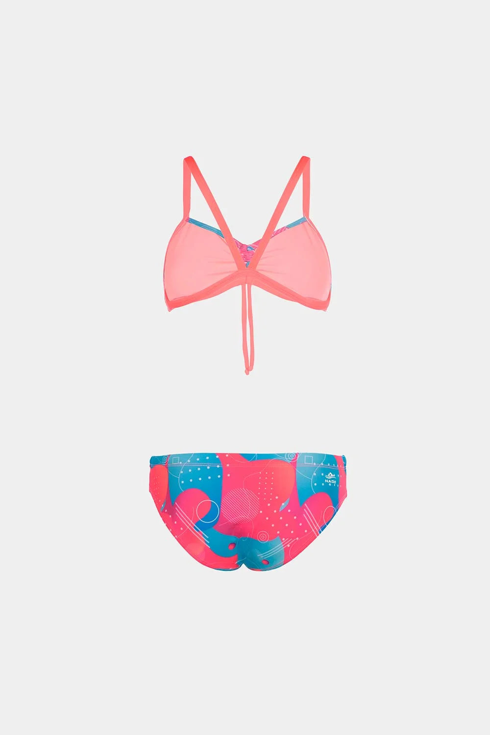 Women's strappy bikini in pink with colorful print, front flatlay view – Bikini Uni