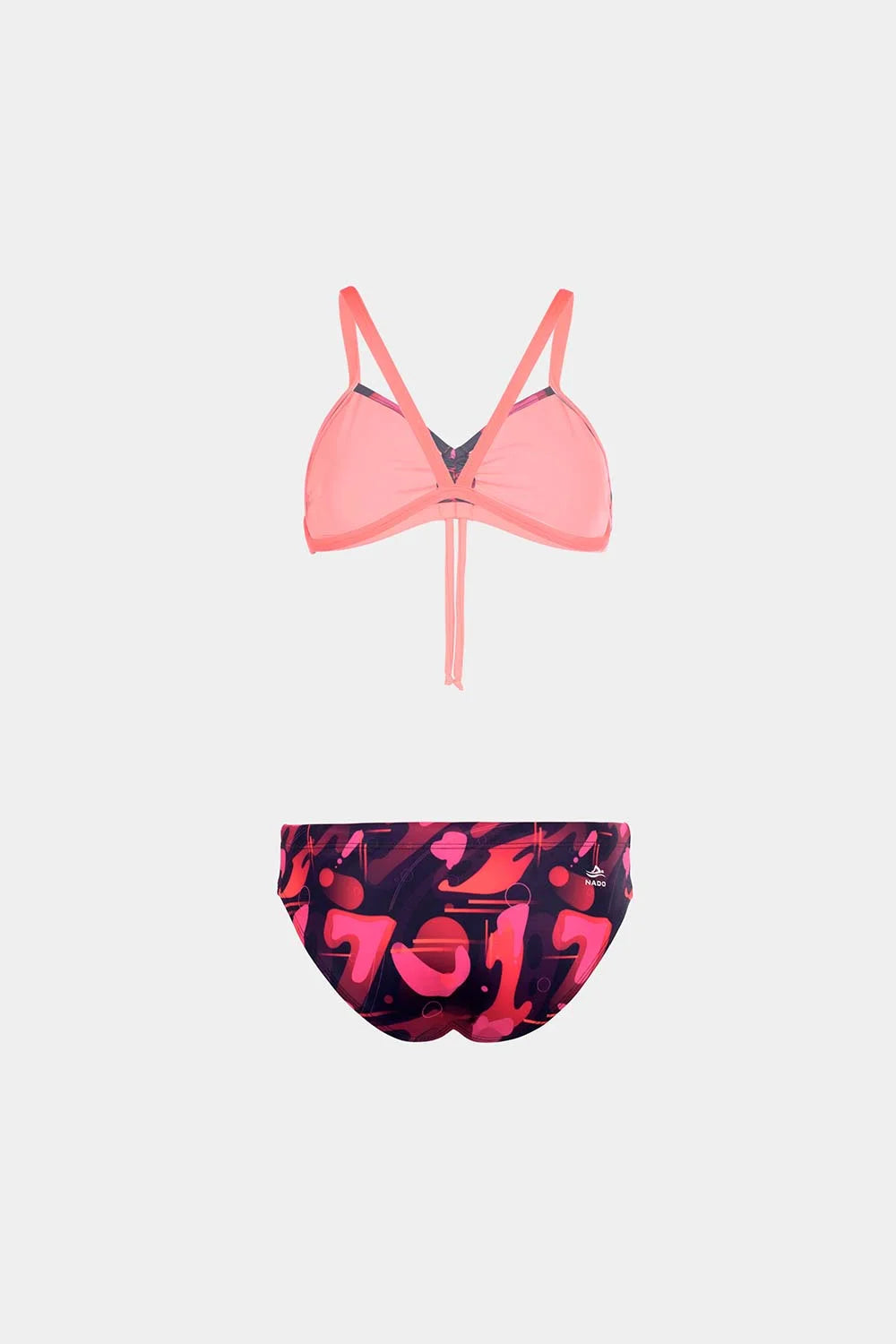 Women's strappy bikini in pink with dark floral bottom, front flatlay view – Bikini Uni