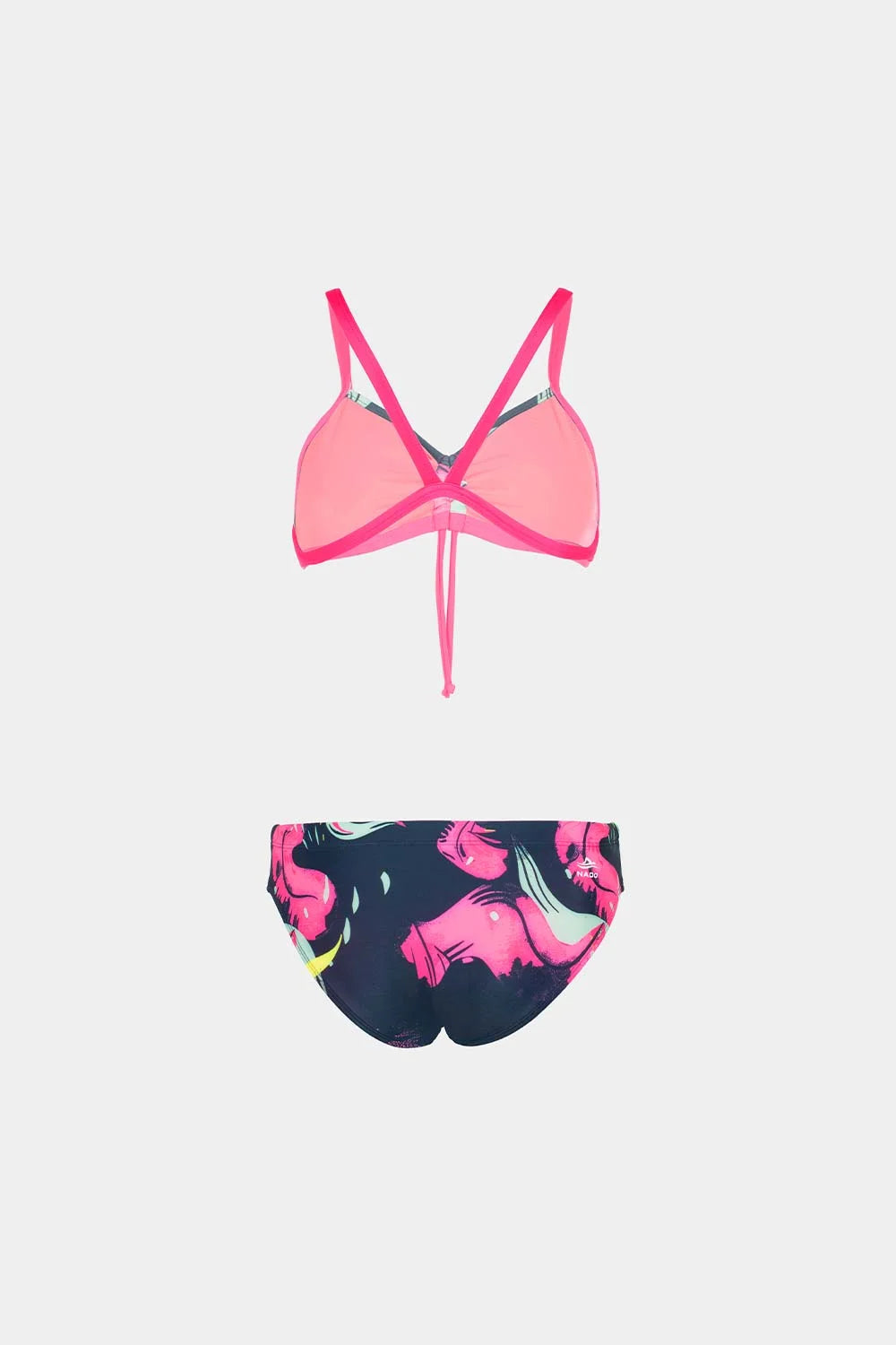 Women's strappy bikini in pink with dark floral print bottom, flatlay – Bikini Uni