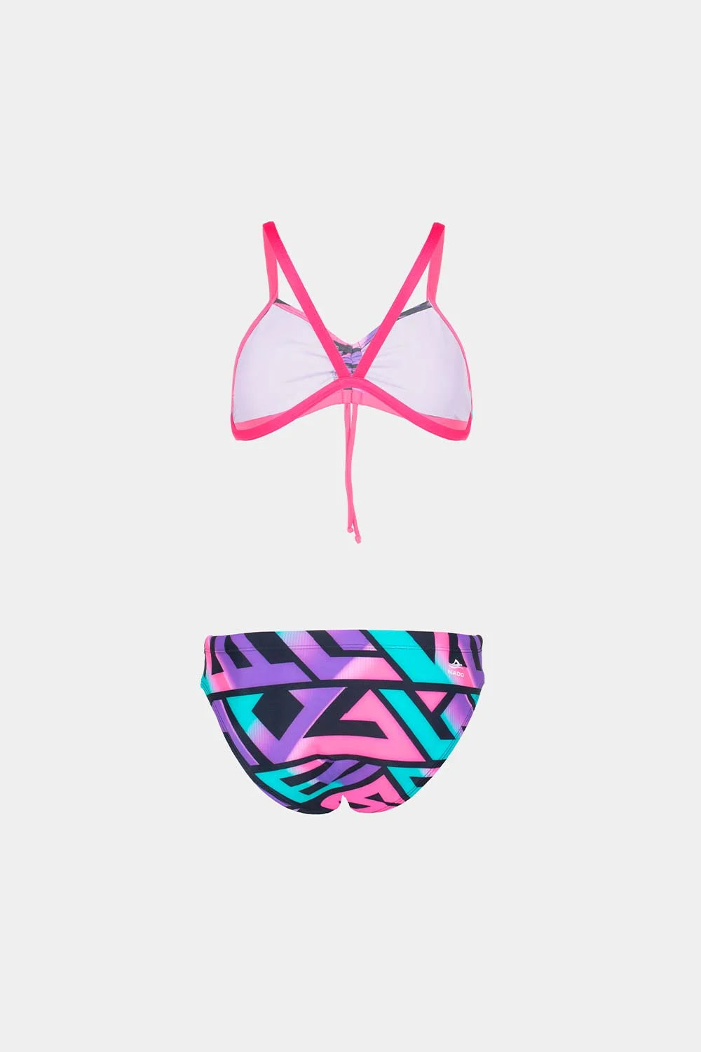 Women's strappy bikini in pink with geometric print bottom, front flatlay – Bikini Uni