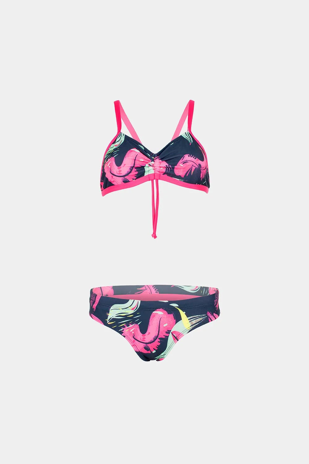 Women's strappy bikini in pink and navy flamingo print, front flatlay – Bikini Uni