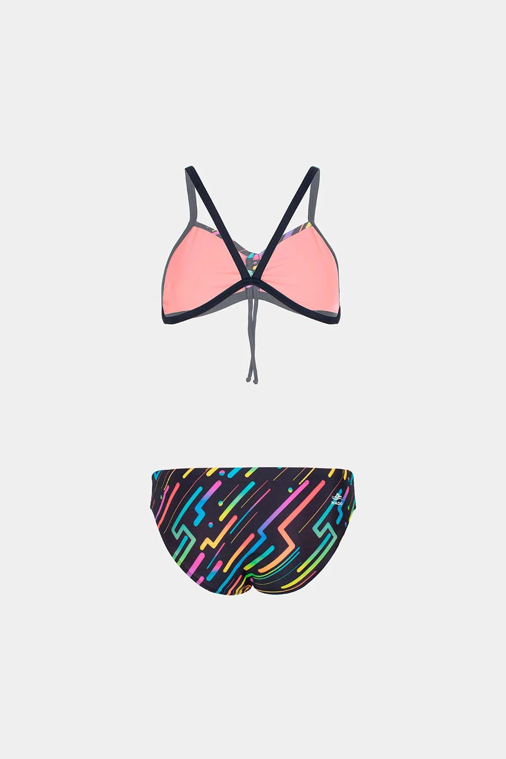 Women's strappy bikini in pink with neon geometric bottom, front flatlay – Bikini Uni