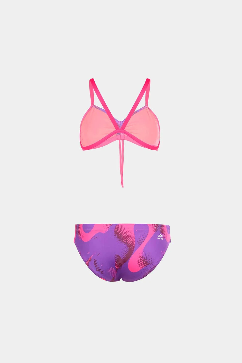 Women's strappy bikini in pink with purple print bottom, front flatlay – Bikini Uni