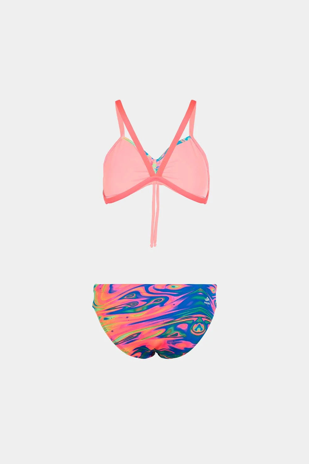 Women's strappy bikini in pink with rainbow swirl bottom, front flatlay – Bikini Uni