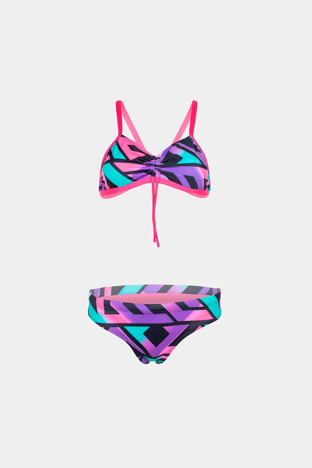 Women's strappy bikini in pink and teal geometric print, front flatlay – Bikini Uni