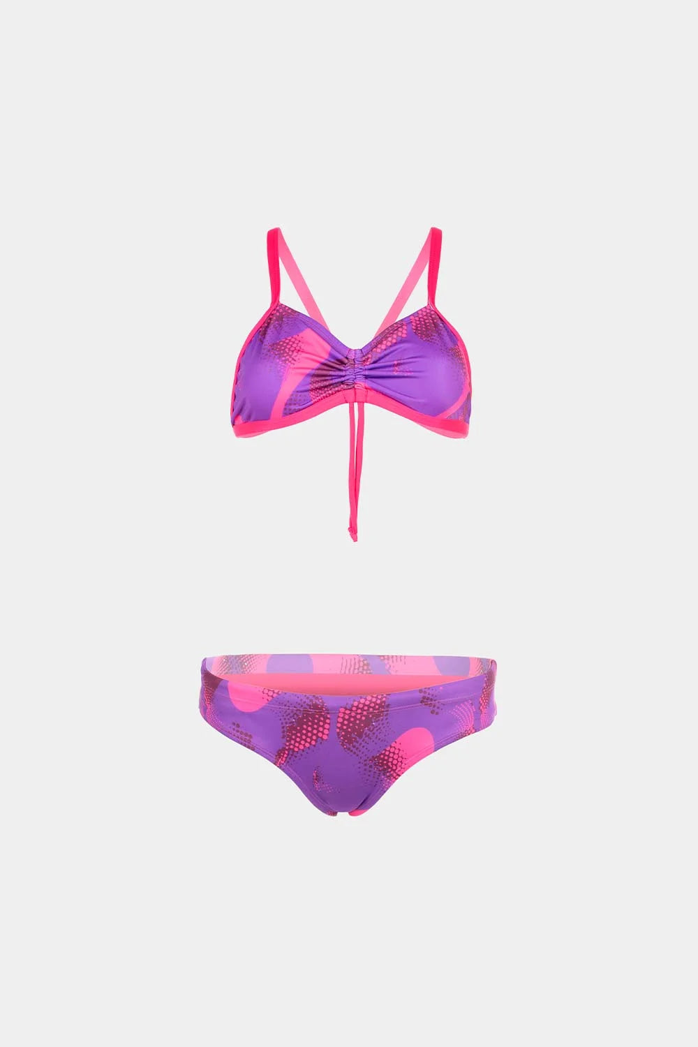 Women's strappy bikini in purple and pink print, front flatlay view – Bikini Uni