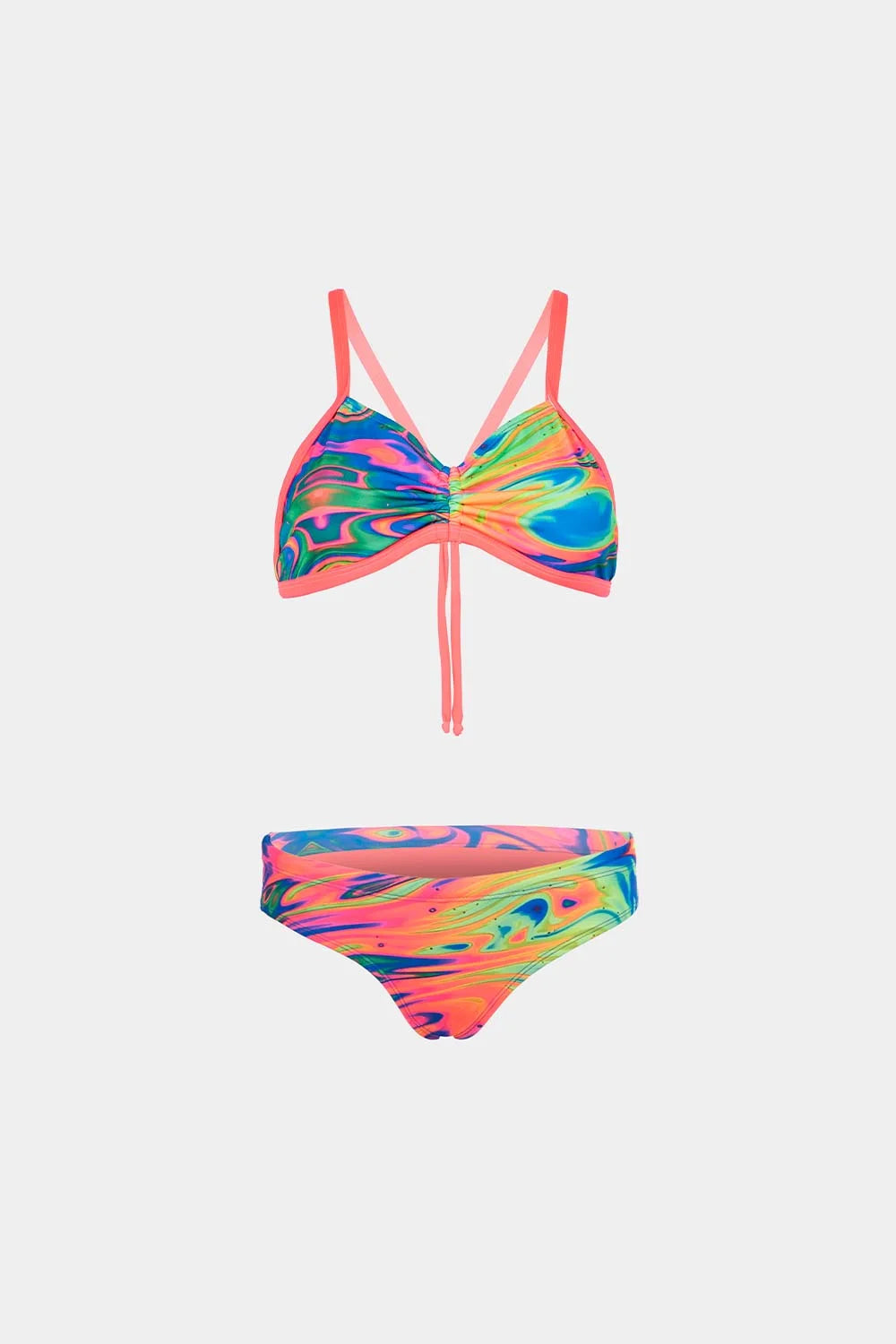 Women's strappy bikini in rainbow tie-dye print, front flatlay view – Bikini Uni