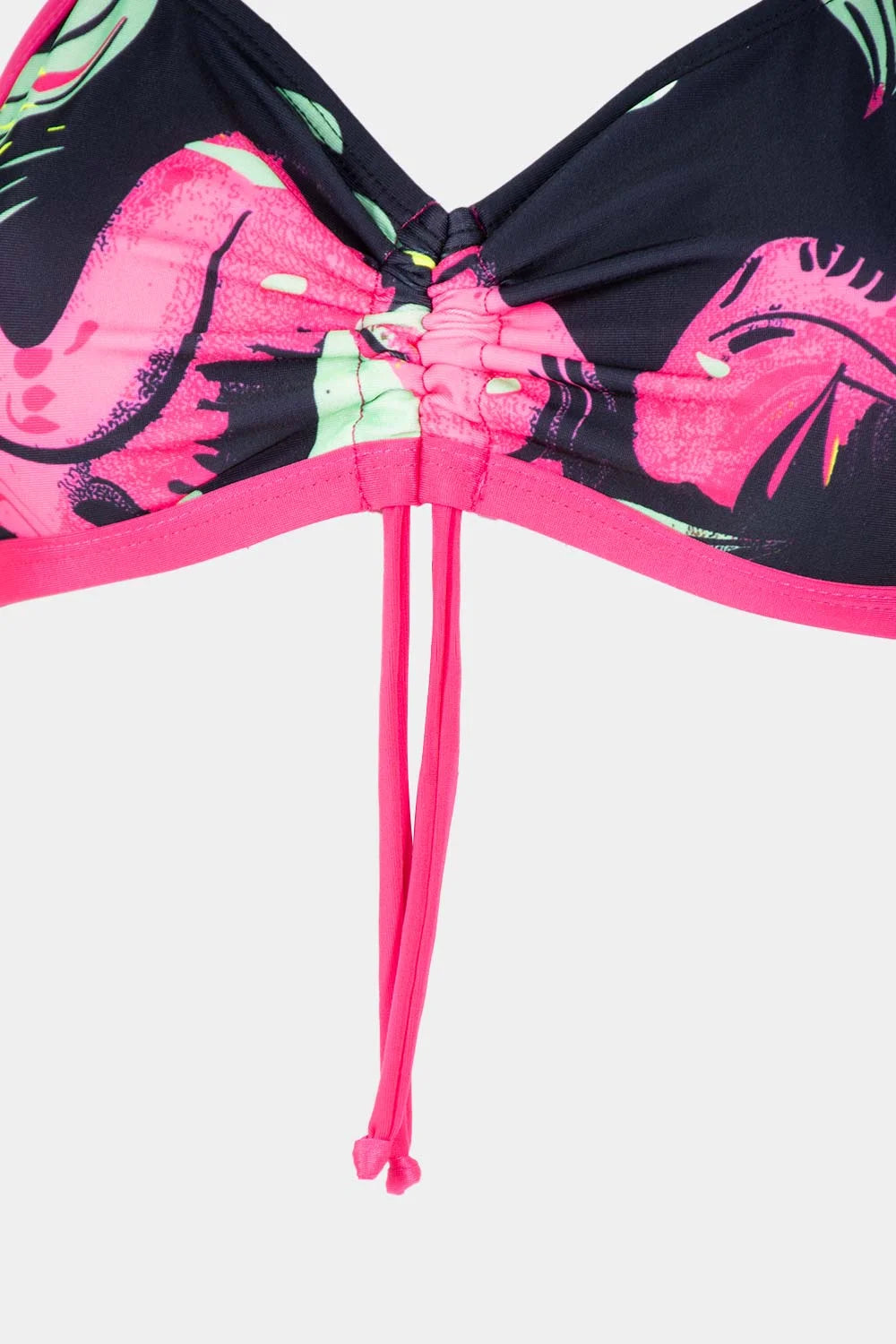 Women's strappy bikini top in black floral with pink straps, close-up – Bikini Uni