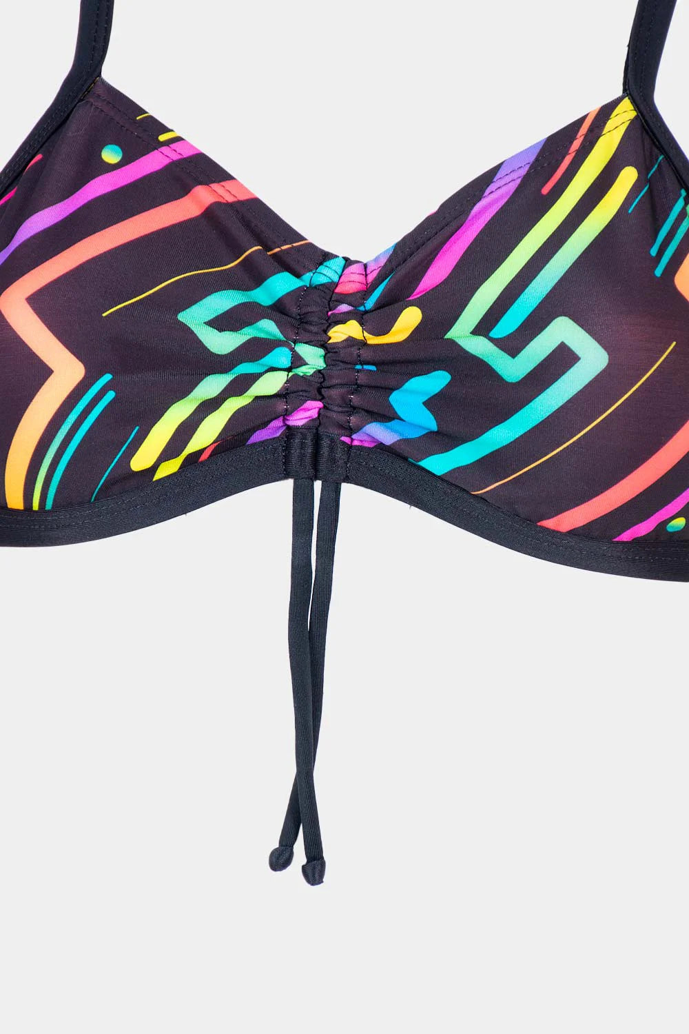Women's strappy bikini top in black neon multicolor, close-up view – Bikini Uni