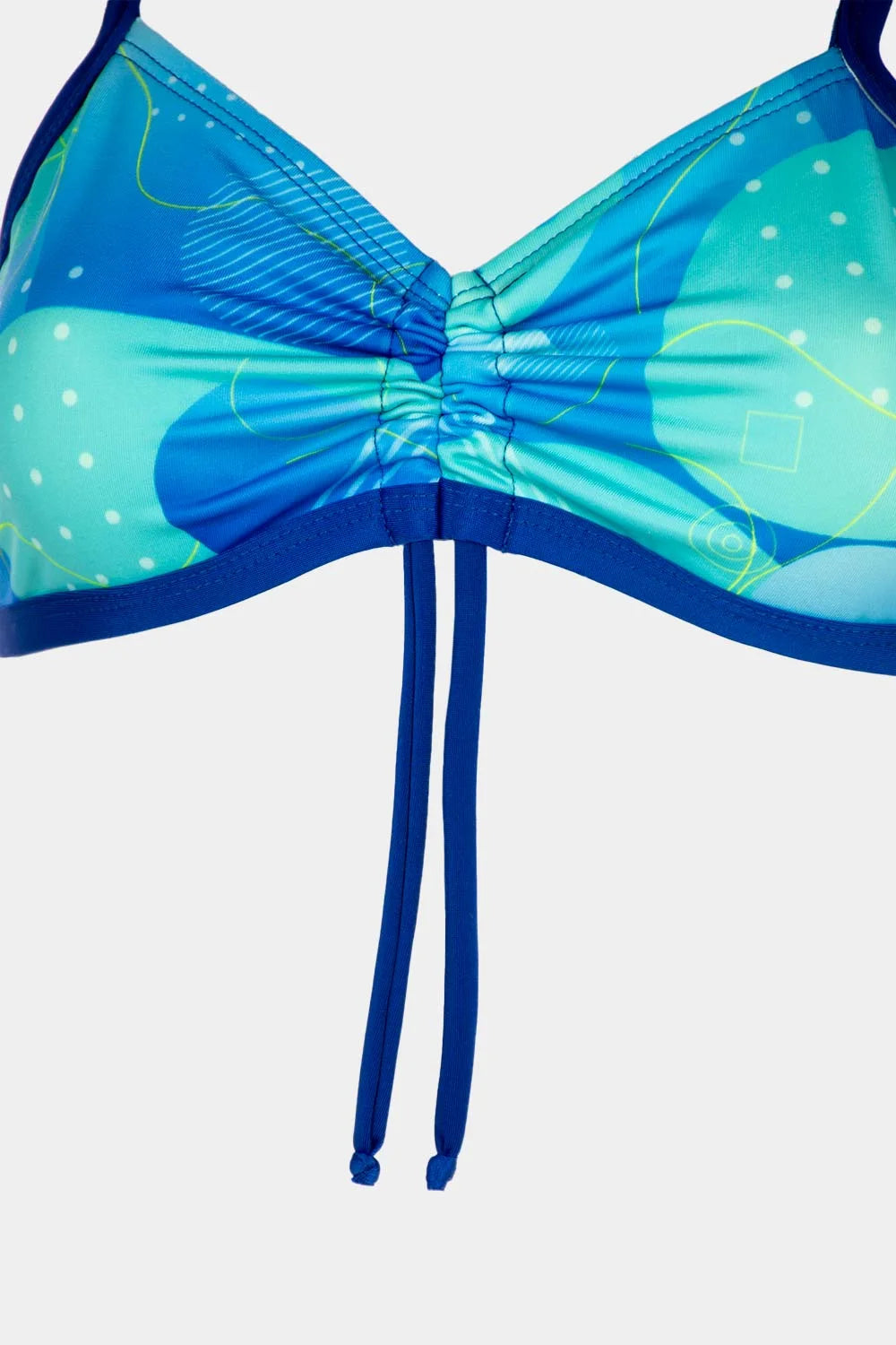 Women's strappy bikini top in blue with butterfly print, close-up view – Bikini Uni