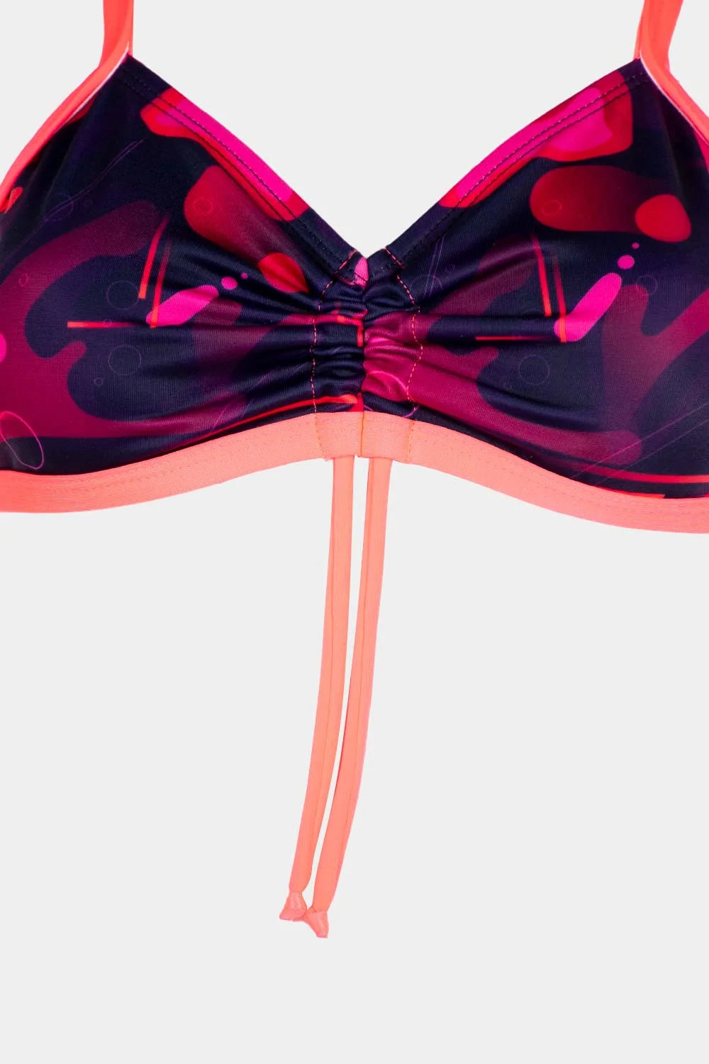 Women's strappy bikini top in pink and black abstract print, close-up – Bikini Uni