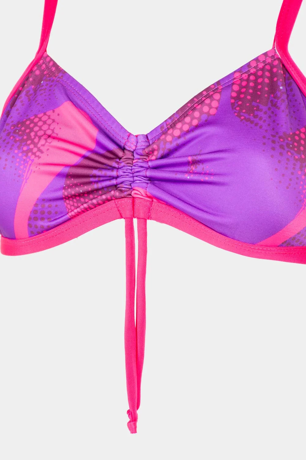 Women's strappy bikini top in purple and pink, close-up view – Bikini Uni